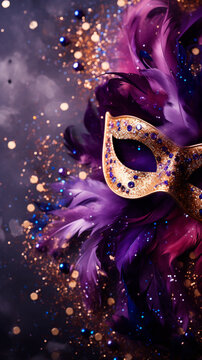 vista superior de una m&aacute;scara de carnaval con glitter, brillo y plumas, de color violeta en formato vertical 