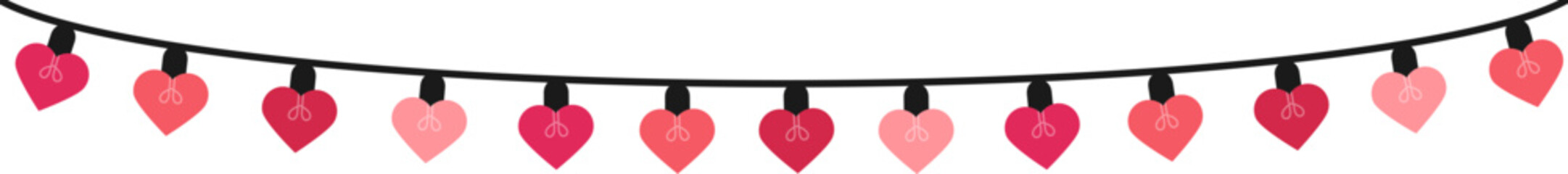 Valentines day hearts garland string. Valentines day decoration with bright lights.Heart light garland. Pink light bulbs for decoration .Pink heart shaped fairy lights. Heart garland seamless border.	