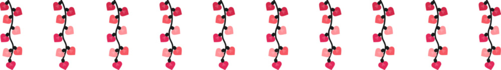 Valentines day hearts garland string. Valentines day decoration with bright lights.Heart light garland. Pink light bulbs for decoration .Pink heart shaped fairy lights. Heart garland seamless border.	