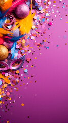fondo de carnaval con máscara, globos y confeti de color violeta en formato vertical 