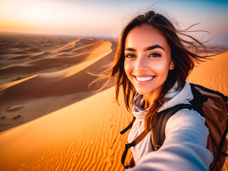 Beautiful young woman taking a selfie in the dunes in the desert - obrazy, fototapety, plakaty