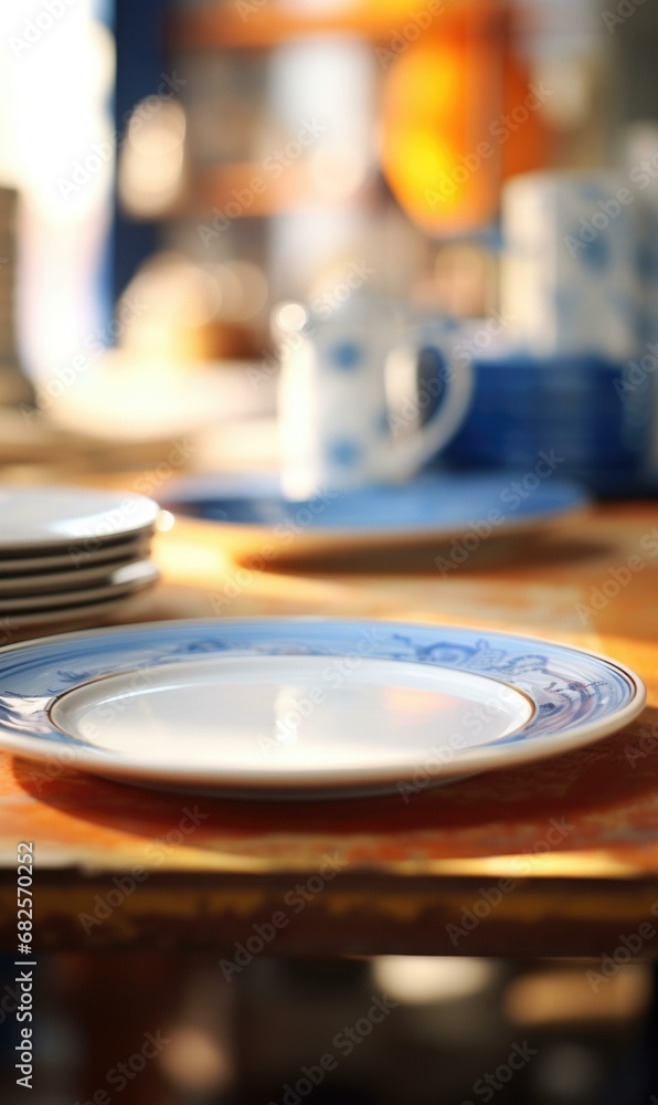 Poster a beautifully arranged table with empty plates and cups in soft focus creates a lively and inviting 