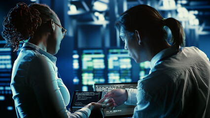 Colleagues programming in server farm housing advanced infrastructure storing massive datasets. Admins running code on laptop to repair data center racks doing complex computational operations