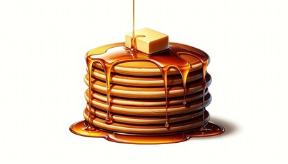 Fototapeta na wymiar Indulgent Stack of Fluffy Pancakes with Golden Maple Syrup and Butter, Sleek Breakfast Illustration, Tempting Sweet Meal on White Background