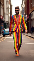 Fototapeta premium A stylish man in a vibrant rainbow suit confidently walks down the city street. Generative AI.