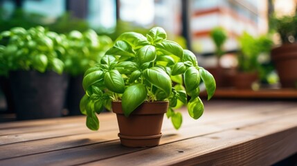 A vibrant potted basil plant adds freshness to a rustic wooden table. Generative AI.