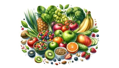 Naklejka na ściany i meble Expressive Watercolor Display of Fresh Healthy Foods: Vibrant Fruits, Green Vegetables, Seeds, Nuts on White