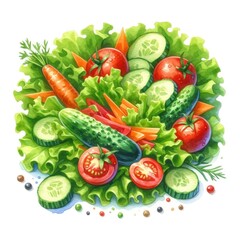 Bright Watercolor Painting of Mixed Salad, Lettuce, Tomatoes, Cucumbers, Carrots, Healthy Food Art, Natural Colors, Handcrafted