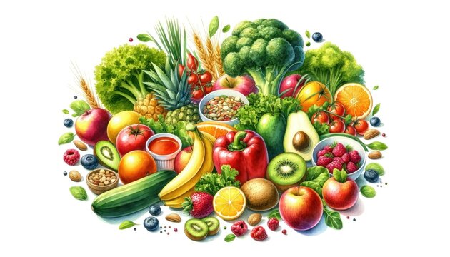 Expressive Watercolor Display of Fresh Healthy Foods: Vibrant Fruits, Green Vegetables on White