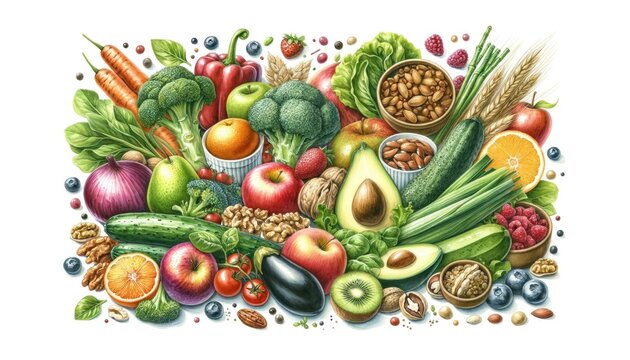 Artistic Watercolor Composition of Diverse Healthy Foods: Fruits, Vegetables, Nuts, Grains Isolated on White