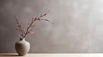 Branch in clay vase against concrete wall with copy space. Home interior background of living room