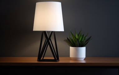 Modern geometric table lamp with fabric shade on a wooden table