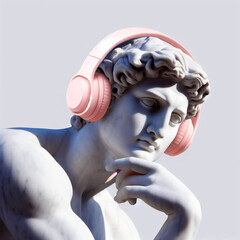 torso of a Greek pensive statue of a man with headphones and a pencil