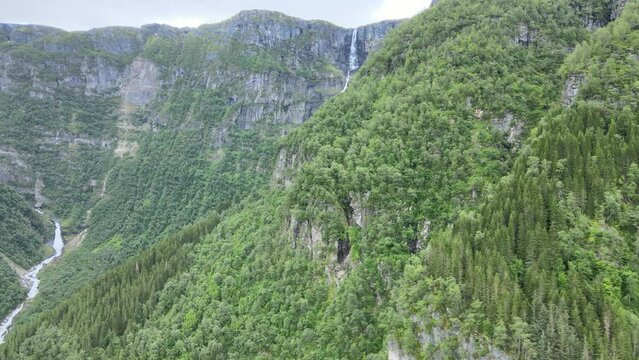 Waterfall in Norway's Fjord, unfolding aerial footage