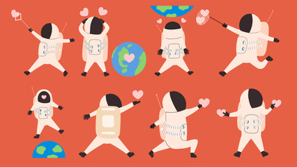 Romantic astronaut with hearts set. Design spaceman characters and Earth for Valentine's Day. Romantic collection. Vector illustration in flat style.
