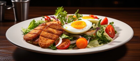 At the Asian restaurant, the chef prepared a delicious dinner with organic vegetables, crispy fried chicken, fresh tomato and lettuce leaves for a healthy and flavorful salad. The appetizer also