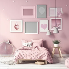 Nice pink bedroom with bed, pillows, blanket, small wooden table, house flower in pot, grey lamp and various blank, empty photoframes for copy space, pictures, banners. Cozy room design