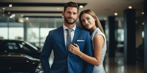 Joyful Purchase: Smiling Couple in the Sales Hall of a Car Dealership. Generative ai