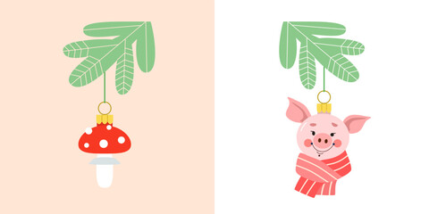Set of Christmas tree toys on string in shape of fly agaric and pig’s head in red knitted scarf. Cute vector greeting card of good luck symbols in flat style.