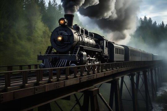 train bridge smoke coming out trend enterprise engine haunting spooky compass energy flowing black top hat walking old wood masterful composition
