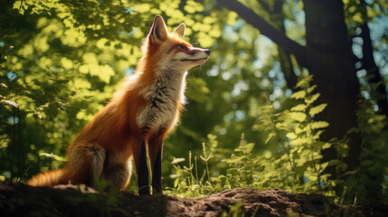 Fluffy red fox in summer forest