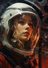 closeup woman space suit helmet red atmosphere passengers sola