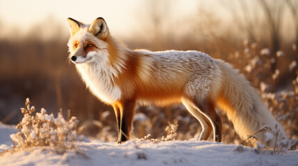 Naklejka na ściany i meble Fluffy red fox in winter meadow