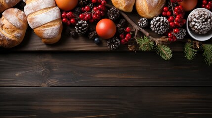 Fototapeta na wymiar Top view of festive Christmas fruits and spices on wooden background.