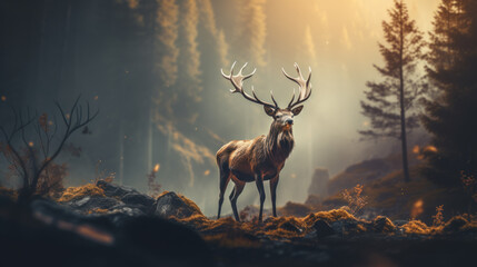 Deer with great antlers in forest, mystical foggy sunrise