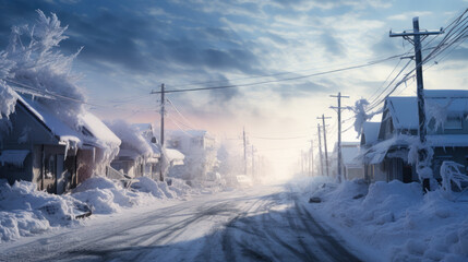 Heavy snowfall in residential area, day