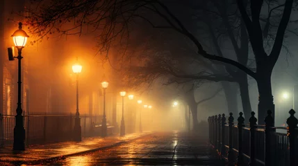 Foto auf Acrylglas Morgen mit Nebel Foggy autumn night in town