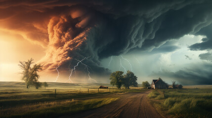 Huge supercell, tornado over farmland - obrazy, fototapety, plakaty