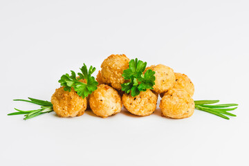 Breaded Chicken Inner Fillet, Chicken Breaded Raw Meat. Fast cooking.Breaded Chicken nuggets Fillet with salad on a White Background,food at home. Fast homemade food.Chicken breaded schnitzels.