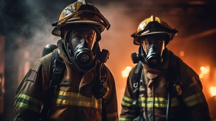 Two brave and dedicated firefighters in a dangerous situation - obrazy, fototapety, plakaty