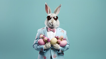 Abstract, modern, Easter bunny standing and posing as a human with painted eggs. Trendy modern hipsters, animals in fashion suits.