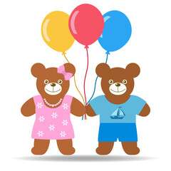 Illustration of cute teddy bears with colorful balloons and a shadow on a white background