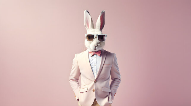 Unrealistic, creative, minimal portrait of a wild animal dressed up as a man in elegant clothes. A rabbit standing on two legs in business modern suit. Easter card.