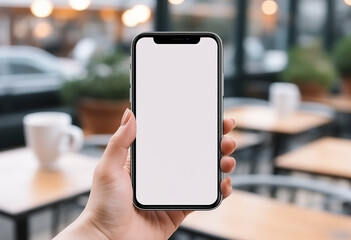 Mockup, woman's hand holding using mobile phone at coffee shop with copy space, white blank screen for text, mobile app design and advertising, online marketing