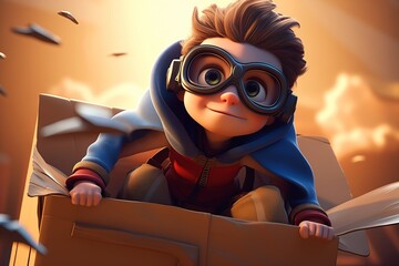 cartoon boy box goggles hoodie promotional wearing hero costume gnome cute young man cape pilot mascot