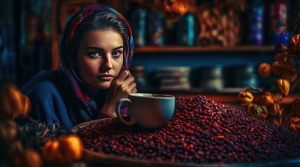 In the first panel, a cup for drinking tea on a pile of colorful oriental spices, behind which is a beautiful unusual girl who makes unusually tasty and aromatic drinks - obrazy, fototapety, plakaty