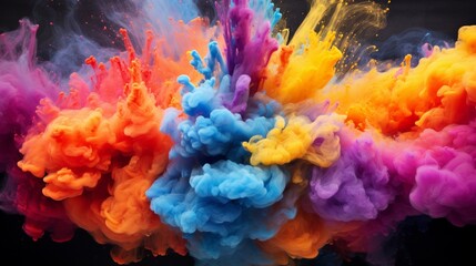A dynamic explosion of colored powder, creating a cloud of vibrant hues in a black void.
