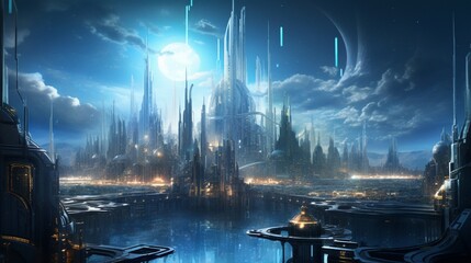 A futuristic cityscape, with floating buildings and glowing, energy pathways in the sky.