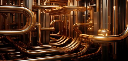 A labyrinth of glossy, metallic tubes intertwining in a complex network.