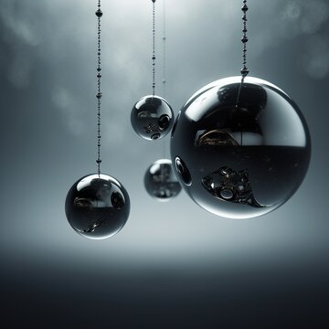 A high-definition image of 3D abstract, glossy spheres suspended in a foggy void