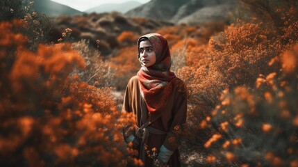 An interesting girl dressed according to the dress code of the Islamic world in a beautiful nature of different colors - obrazy, fototapety, plakaty