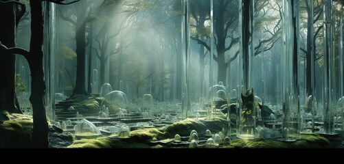 A serene, misty forest made entirely of glass trees.