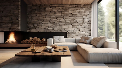 Wooden live edge accent coffee table between white sofas by fireplace in stone cladding wall. Minimalist style home interior design of modern living room in villa