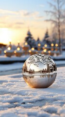 Fototapeta na wymiar _Christmas_ball_on_snow._Grey_silver_xmas_bauble uhd wallpaper