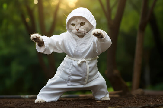 Karate Master White Cat dressed in white practice uniform Showcasing Karate Skills in Forest. Kitty practicing Martial Arts. Concept of strengthening the spirit and body, self-development. Cute kitten