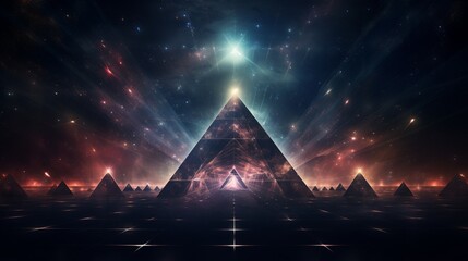 An array of holographic pyramids, emitting beams of light in a dark, cosmic space.